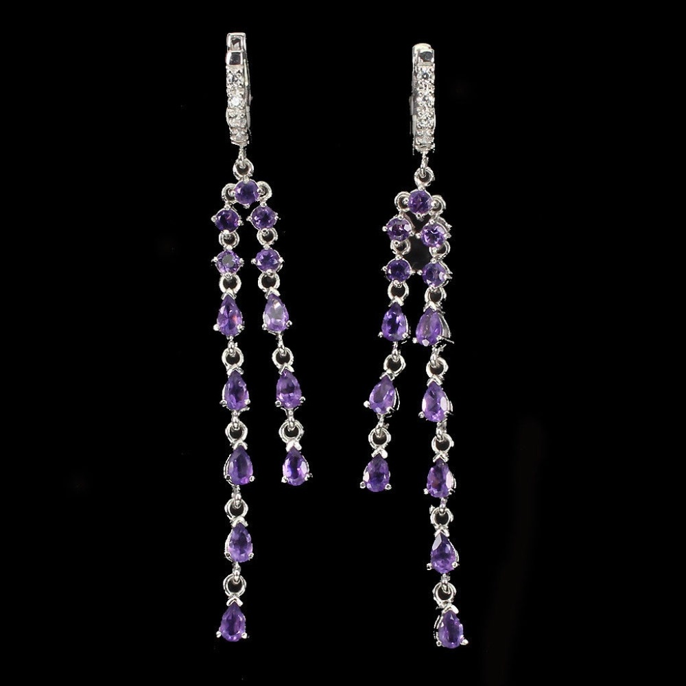 Purple Amethyst & CZ 925 Silver Drop Earrings New